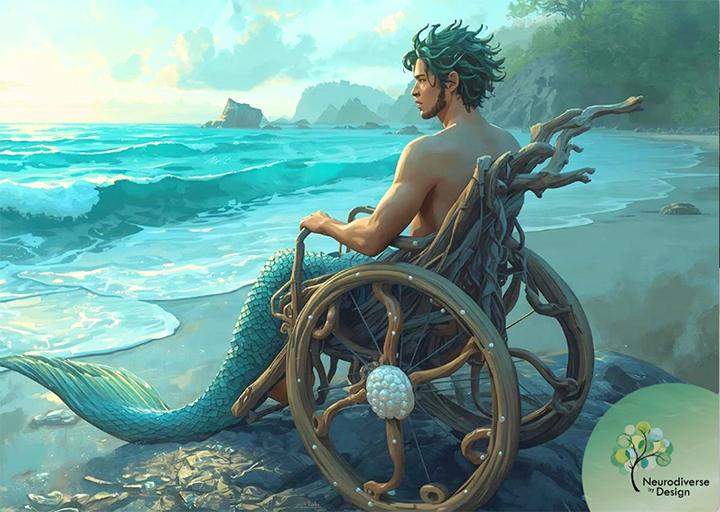 Picture of a Merman in a wheel chair sitting on the beach looking out at the ocean.