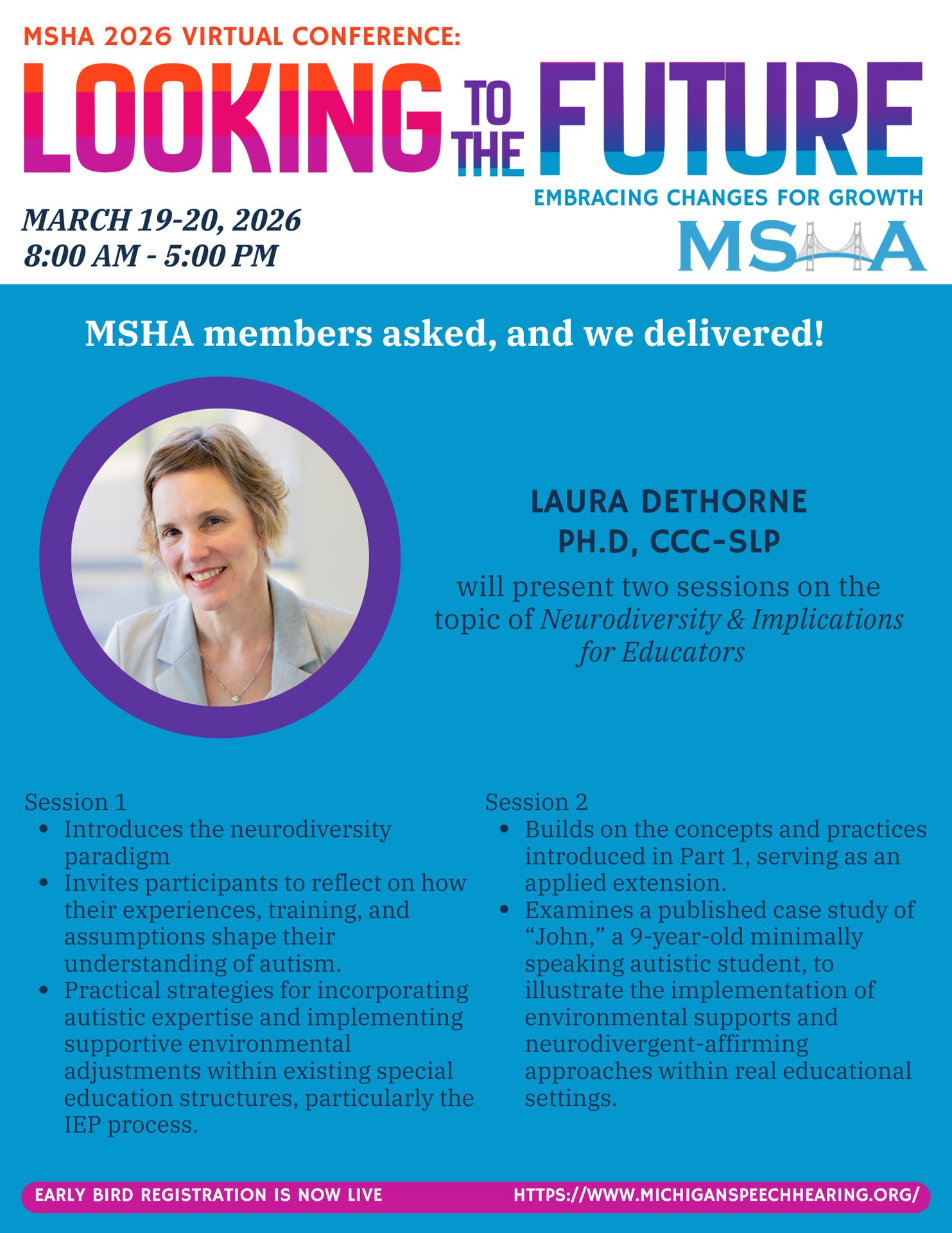 Looking to the Future Conference Flyer with Dr. Laura DeThorne as featured speaker